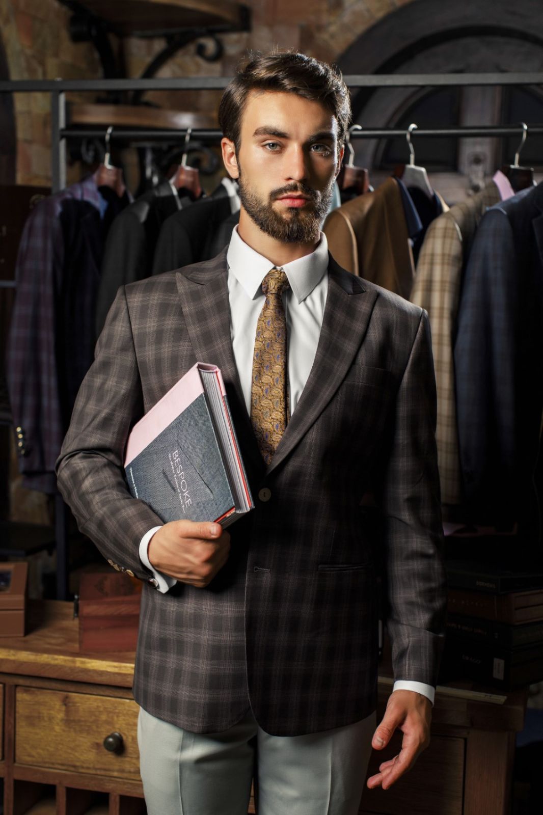 Brown Plaid Blazer With Beige Trousers 